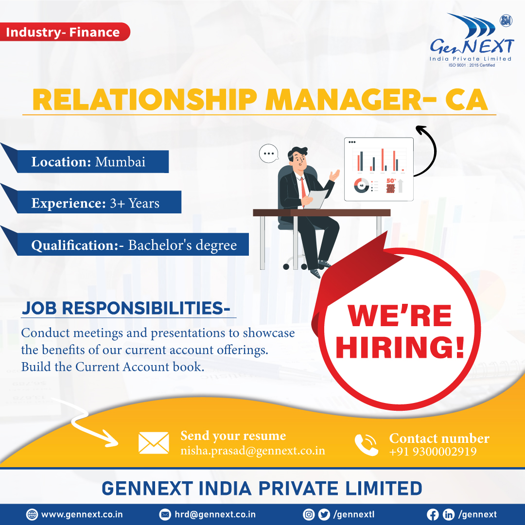 #UrgentHiring 💼📢🎯

Position: Relationship Manager - CA 
Location: Mumbai

#RelationshipManager #CA #Manager #Graduate #hiringnow #jobsearching #jobsearch #Recruitment2024 #jobvacancy2024 #nowhiring #gennextjob #gennexthiring #GenNext #hiring2024