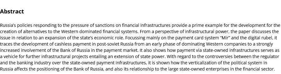 Financial Infrastructures in Russia As part of our project on Financial Infrastructures and Geoeconomic Security this preprint chapter by Roxana Ehlke analyses post-soviet developments and the involvement of the Bank of Russia in payments. osf.io/preprints/soca…