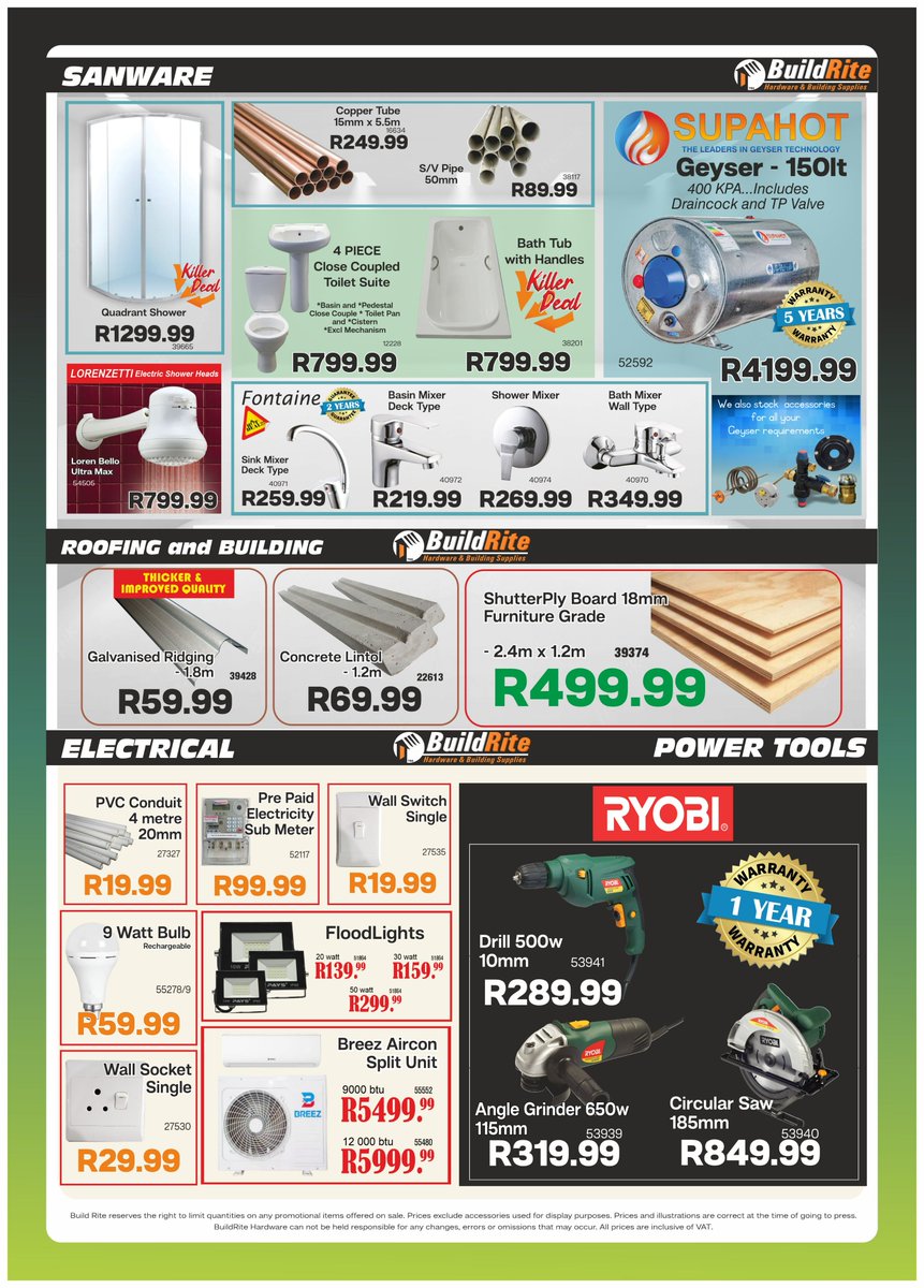 Build Rite Hardware May Madness Sale is now on at Empangeni & Ngwelezane... Hurry, Don't Miss out on these and many more Amazing deals!!!😁

#empangeni #ngwelezane #kwazulunatal #richardsbay #eThekwini #kwazulunatal #buildrite #buildritehardware #hardware #hardwarestore