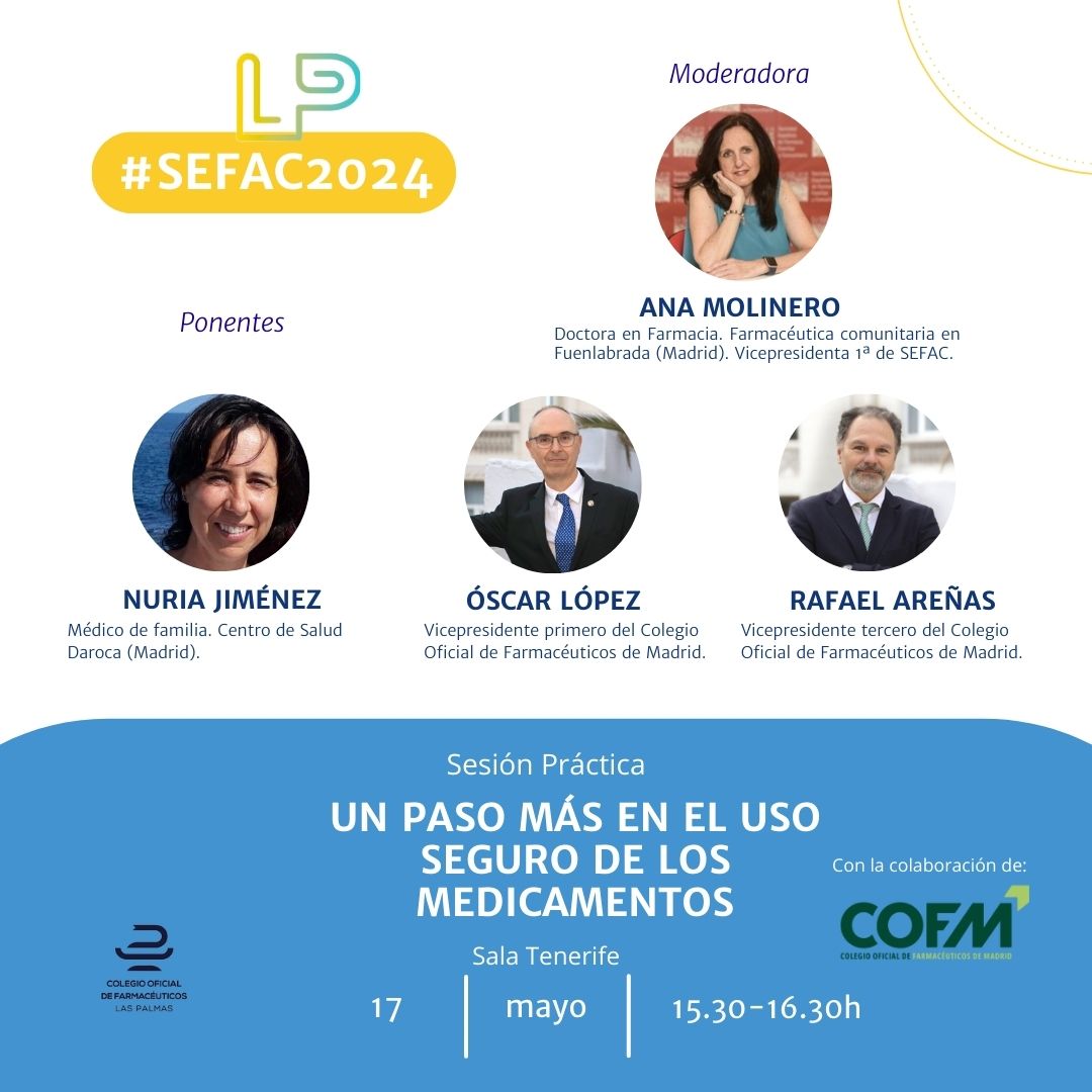 🔵Sesión práctica: Un paso más en el uso seguro de los #medicamentos
👩Moderadora: <a href="/AnaMolinero1/">Ana Molinero 🇪🇺🇪🇸</a> 
👩👨👨Ponentes: Nuria Jiménez, Óscar López y Rafael Areñas
🗓️17 de mayo
🕜15.30-16.30h
📍Sala Tenerife | Auditorio Alfredo Kraus
🤝Con la colaboración del @cofmadrid

#sefac2024