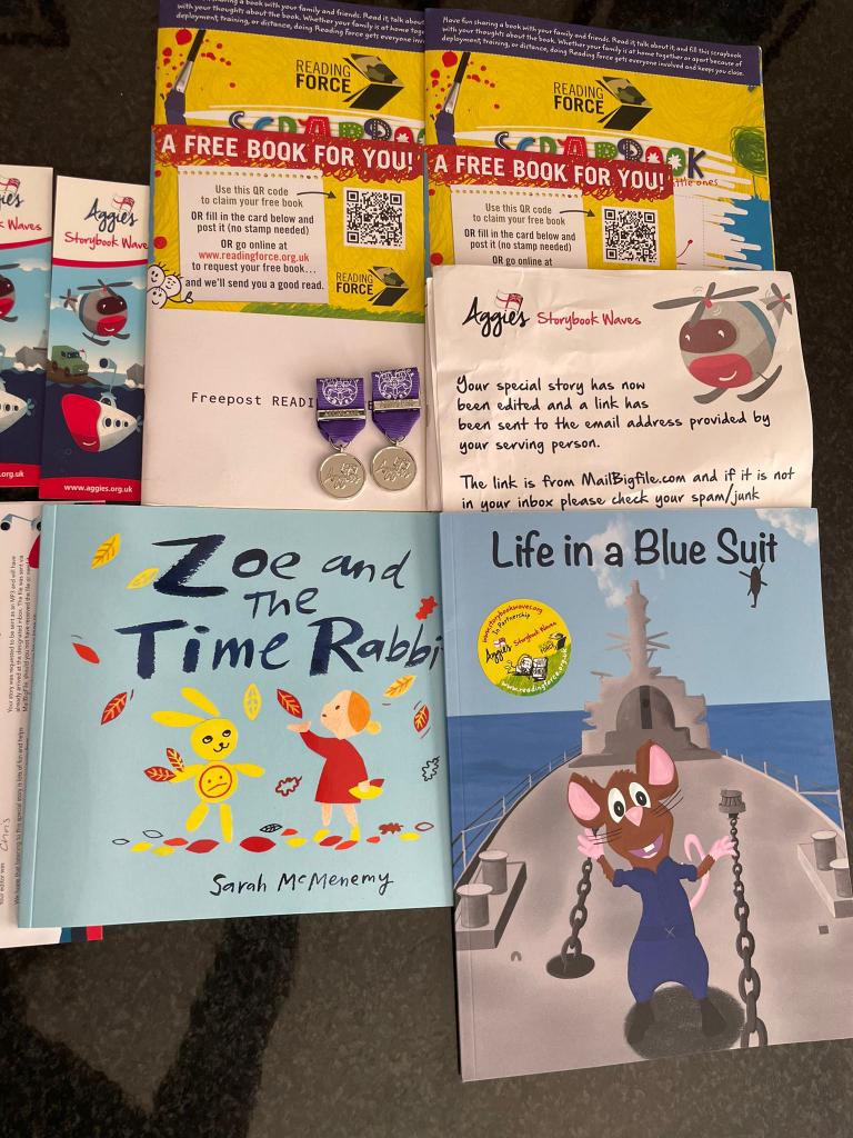RFA Chaplain recently deployed on LYME, and 'Bish' brought along recording equipment and a kindle loaded with books from @Aggie_Westons with support from @RNRMC. This enabled our sailors to record a storybook for their families. Packs now been gratefully received at home 📖 📚