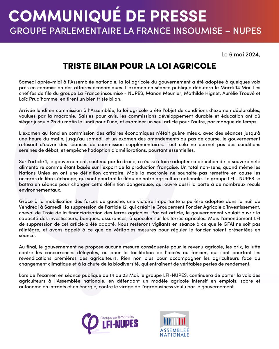 🔴📑 Samedi, la #LoiAgricole du gouvernement a été adoptée à quelques voix près en commission dans des conditions déplorables.

En séance publique du 14 au 23 Mai, nous continuerons de porter la voix des agriculteurs contre le virage de l’agrobusiness voulu par le gouvernement ⤵️