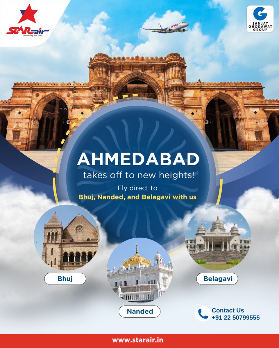 Ahmedabad takes off to new heights! Explore Bhuj, Nanded, and Belagavi with our direct flights. #DirectFlights #DailyFlights #StarAir #FlywithStarAir #StarExperience #ConnectingRealIndia #EmbraerE175 #E175 #Embraer #ExclusiveConnection #SanjayGhodawatGroup