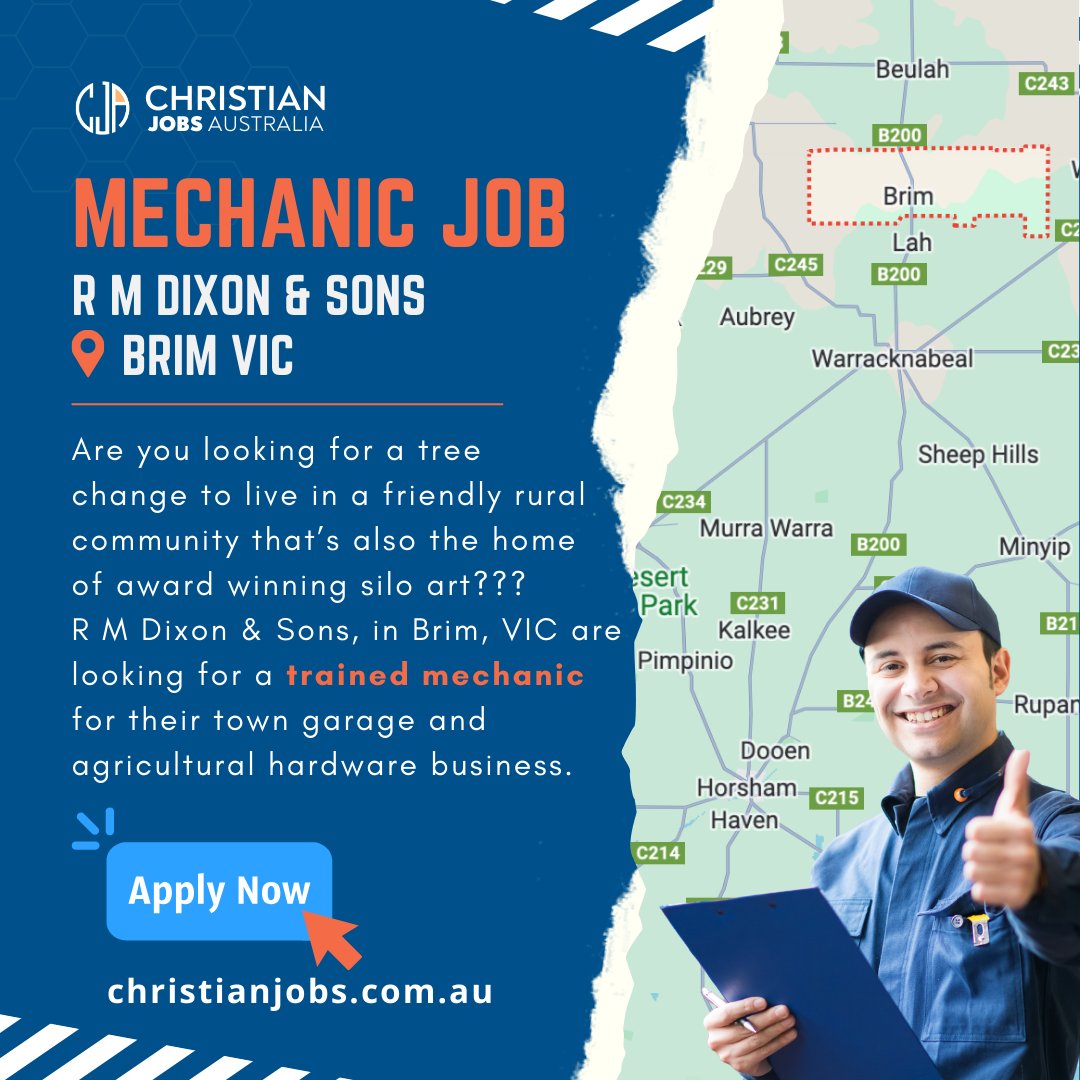 FEATURED JOB R M Dixon & Sons, in Brim, VIC are looking for a trained mechanic. For further information, click here ow.ly/vr1Y50RmQKO #ChristianjobsAustralia #ChristianJobsAU #ChristianCareers #aussiechristians #mechanicjobs #VICjobs #mechanic #automotivejobs