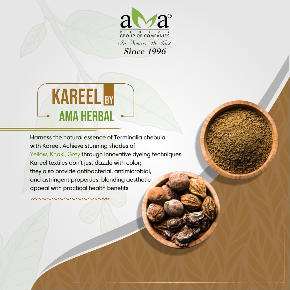 Embrace the vibrant hues of nature with #Kareel by #AMAHerbal! Infused with Terminalia chebula, our textiles offer not just breathtaking shades of Yellow, Khaki, & Grey, but also boast antibacterial and antimicrobial properties.
#EcoFashion #sustainableliving #naturaldyes #Yellow