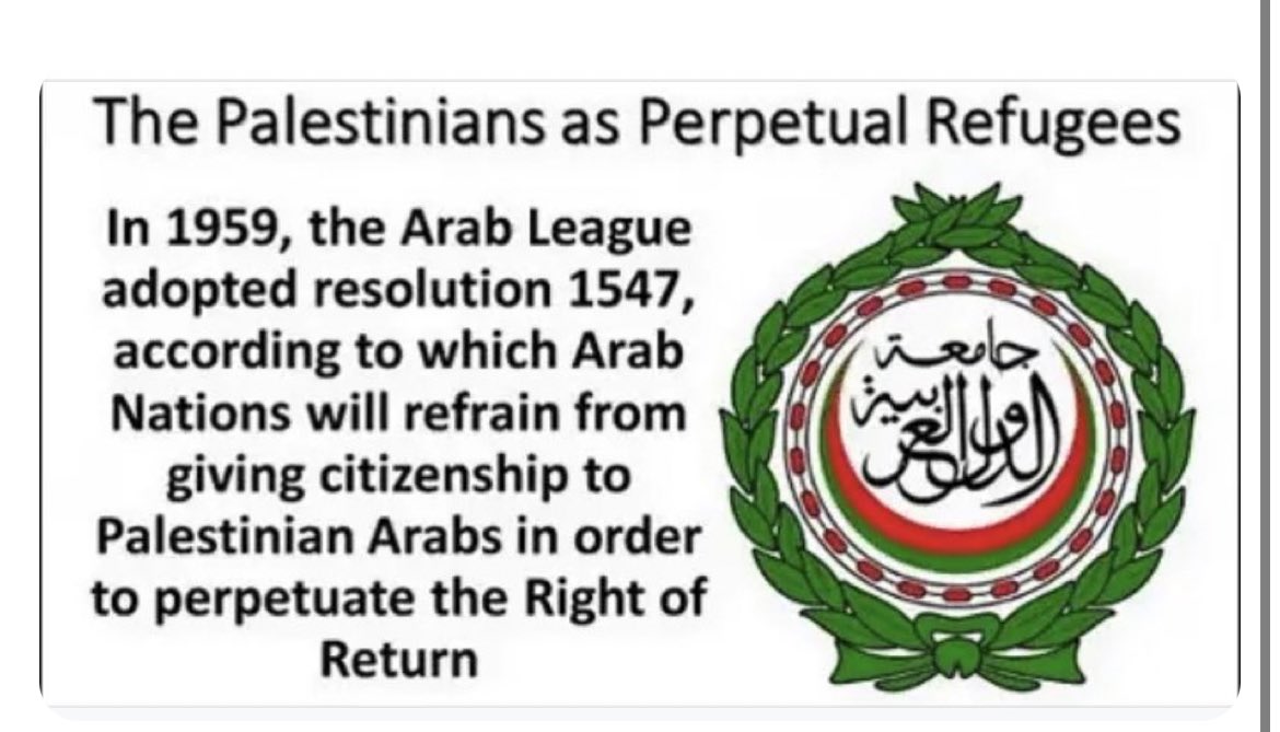 Rejected by their fellow Arabs, who largely kept them cooped up in camps and fed a diet of hatred and revenge from birth. Palestinians were meant to be a tool for a war of total destruction against the Jewish state. 
Made mandatory by the 1959 Arab League resolution.