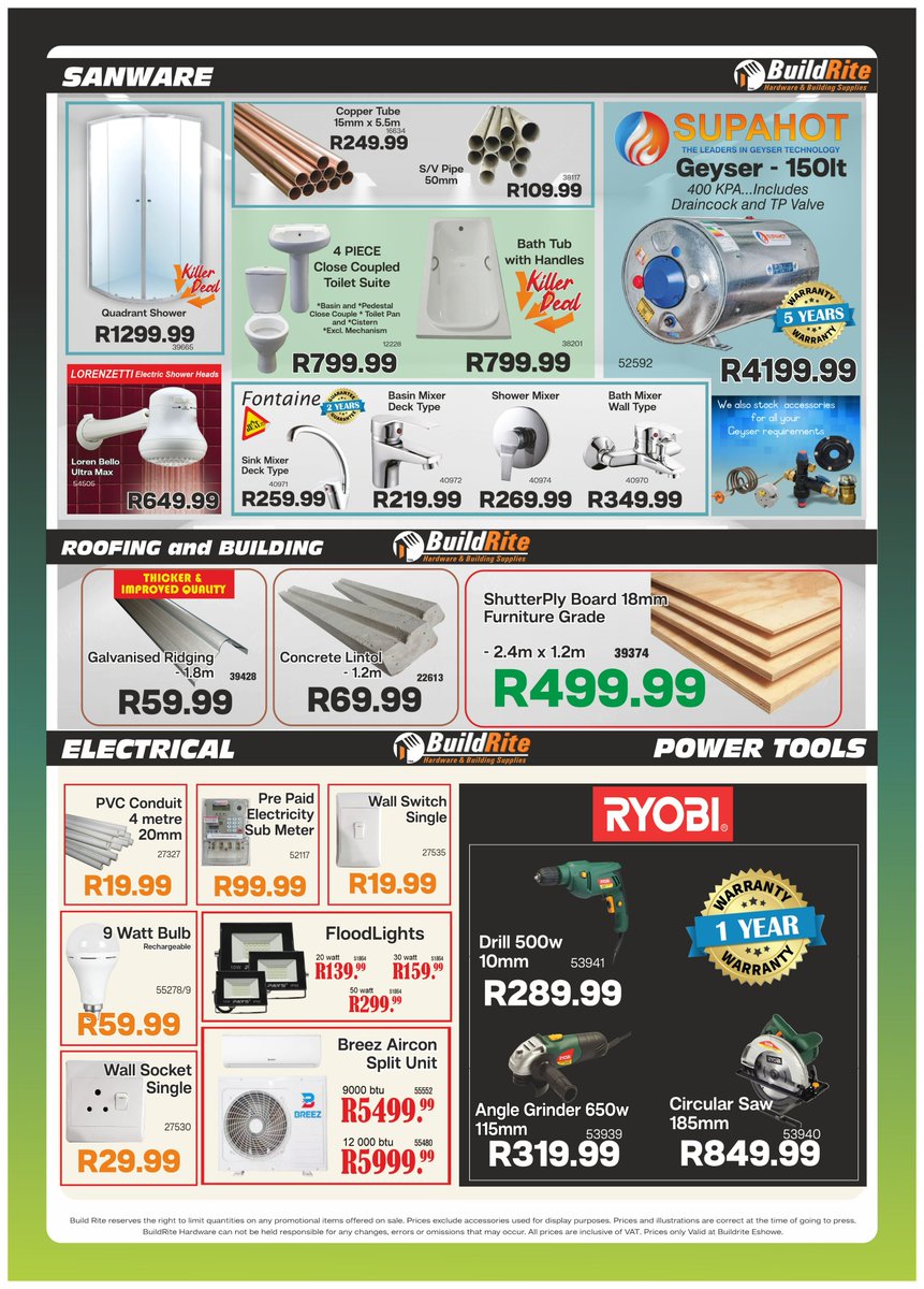 Build Rite Hardware May Madness Sale is now on at Esikhaleni... Hurry, Don't Miss out on these and many more Amazing deals!!!😁

#esikhaleni #kwazulunatal #richardsbay #eThekwini #kwazulunatal #buildrite #buildritehardware #hardware #hardwarestore #affordable #dream