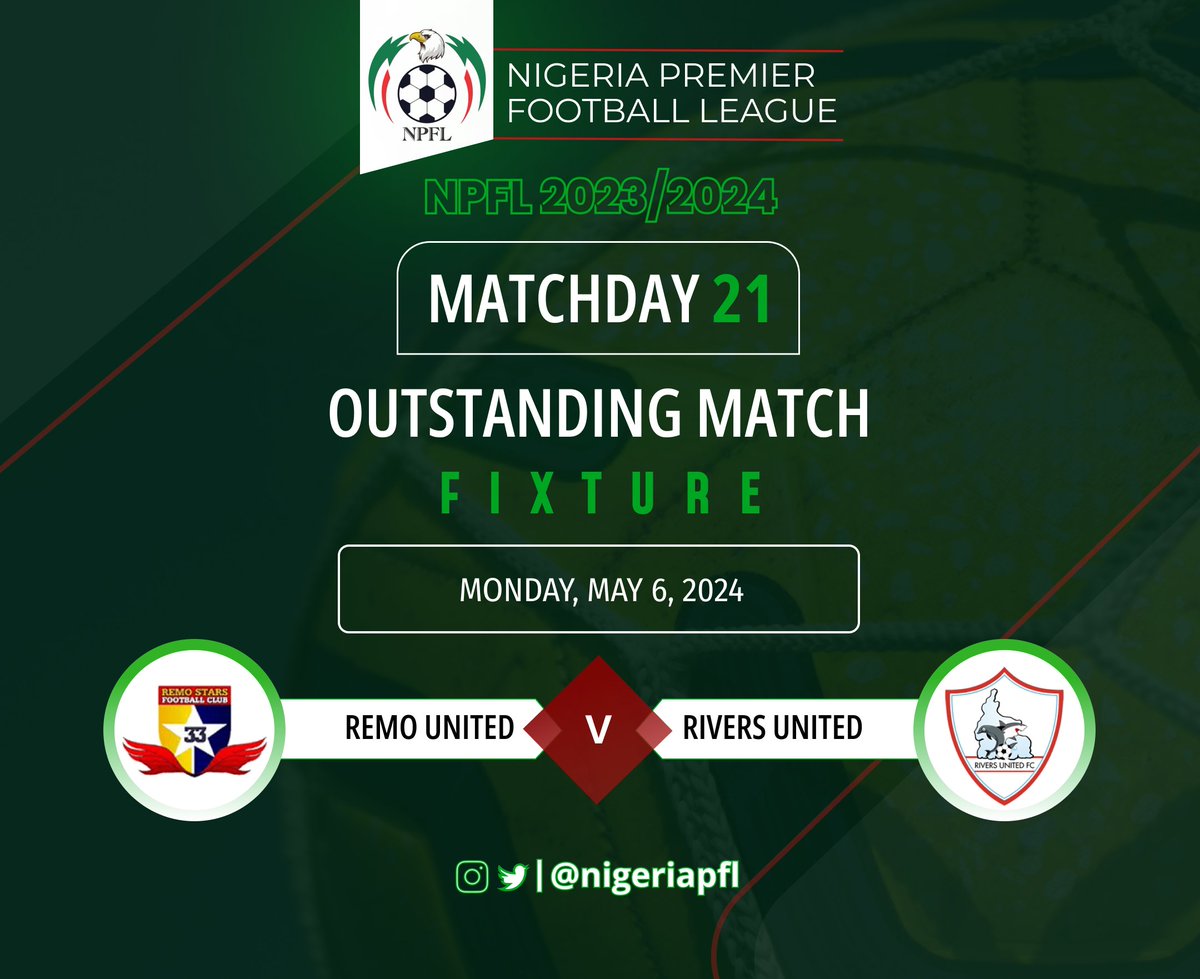 🗒️ #NPFL24 rearranged fixture

⚽ #REMRIV
📅 Today
🕓 4pm 🇳🇬
🏟️ Remo Stars Stadium
📍 Ikenne

#TheFinalStretch