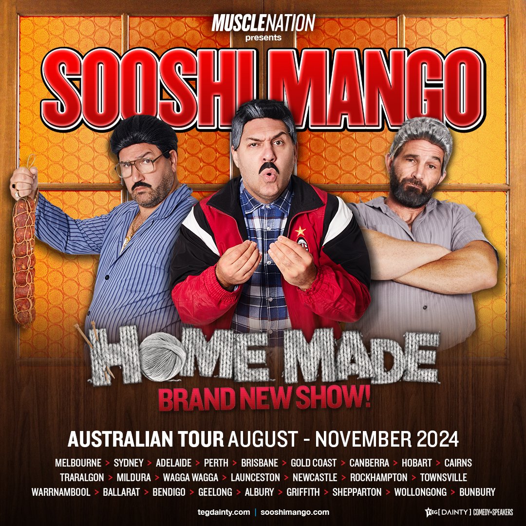 📣 JUST ANNOUNCED: Homegrown comedy heroes Sooshi Mango return with their most exciting live show yet, Home Made, presented by Muscle Nation! 🔗Sign up for the pre-sale via arep.co/m/sooshi-mango