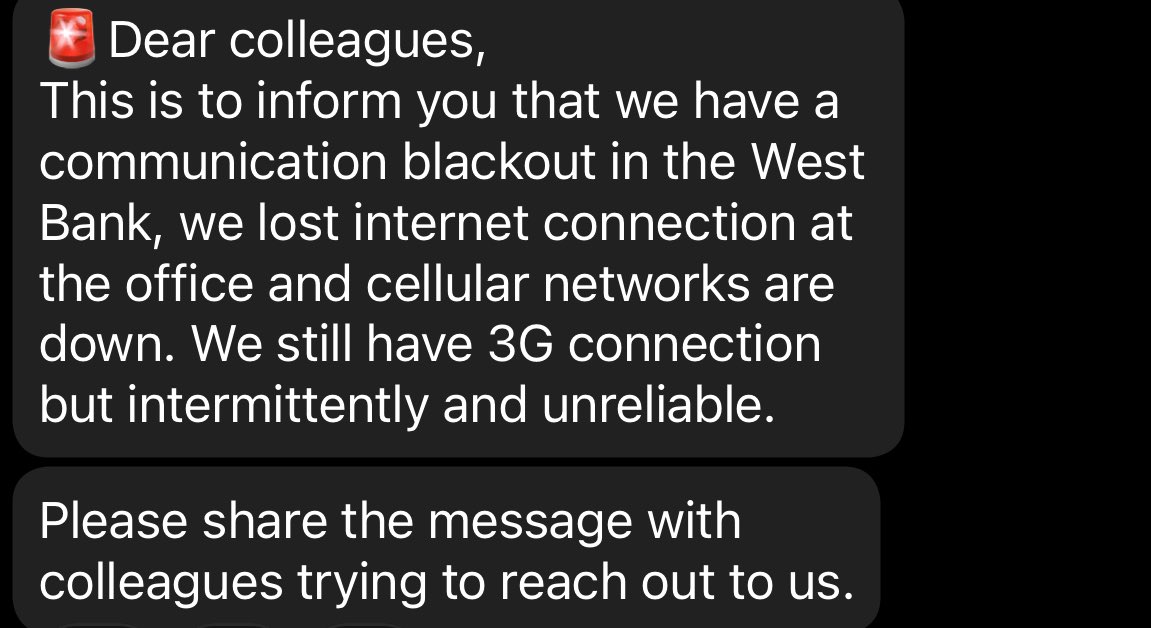 This morning our team in the West Bank woke up to a communications blackout with their mobile phone and internet networks all down. This is extremely worrying for us and very frightening for them.