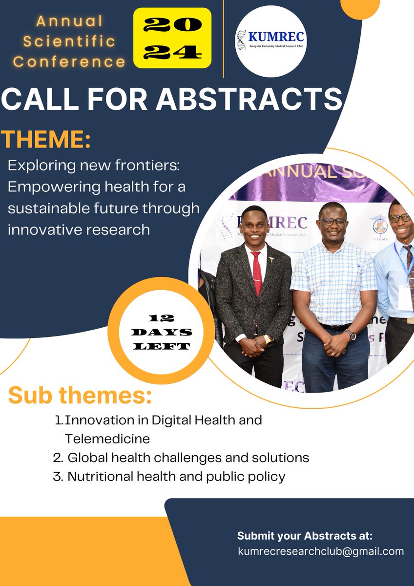 Only 12 DAYS LEFT to submit your Abstracts!

Submit your abstract at: kumrecresearchclub@gmail.com

#KUMRECCONF2024
#Digitalhealth 
#Globalhealth
#Nutritionhealth