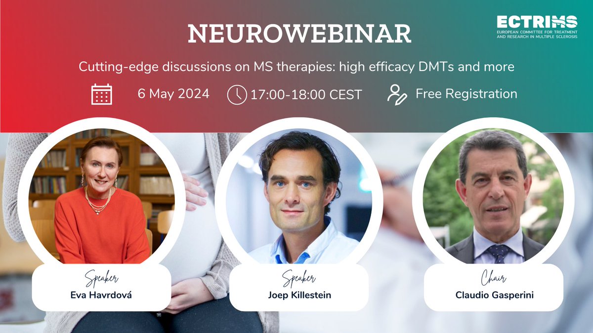 Join us TODAY for our webinar on advanced #MS therapies with Profs. Claudio Gasperini, Joep Killestein & Eva Havrdová. Explore the topic of high efficacy #DMTs & more. 📅 6 May, at 17:00 CEST Sign up ➡️ bit.ly/3UlC1N4 #MS #MSresearch @CharlesUniPRG @VUmcAmsterdam