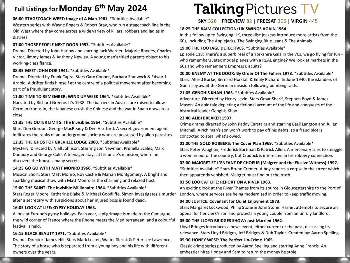 Full listings for today, Monday 6th May, on #TalkingPicturesTV