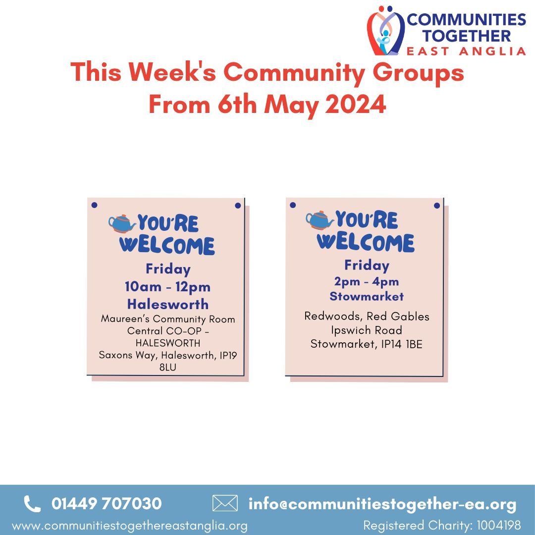SESSIONS THIS WEEK

For more information about our sessions please contact info@communitiestogether-ea.org or call 01449 707030.