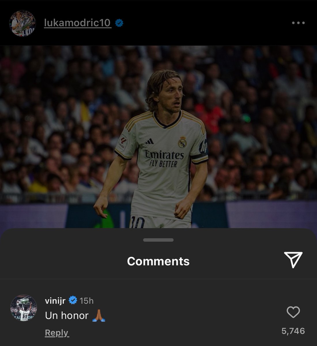 Viní Jr under Luka Modrić’s IG post: “An honor.” 🤍