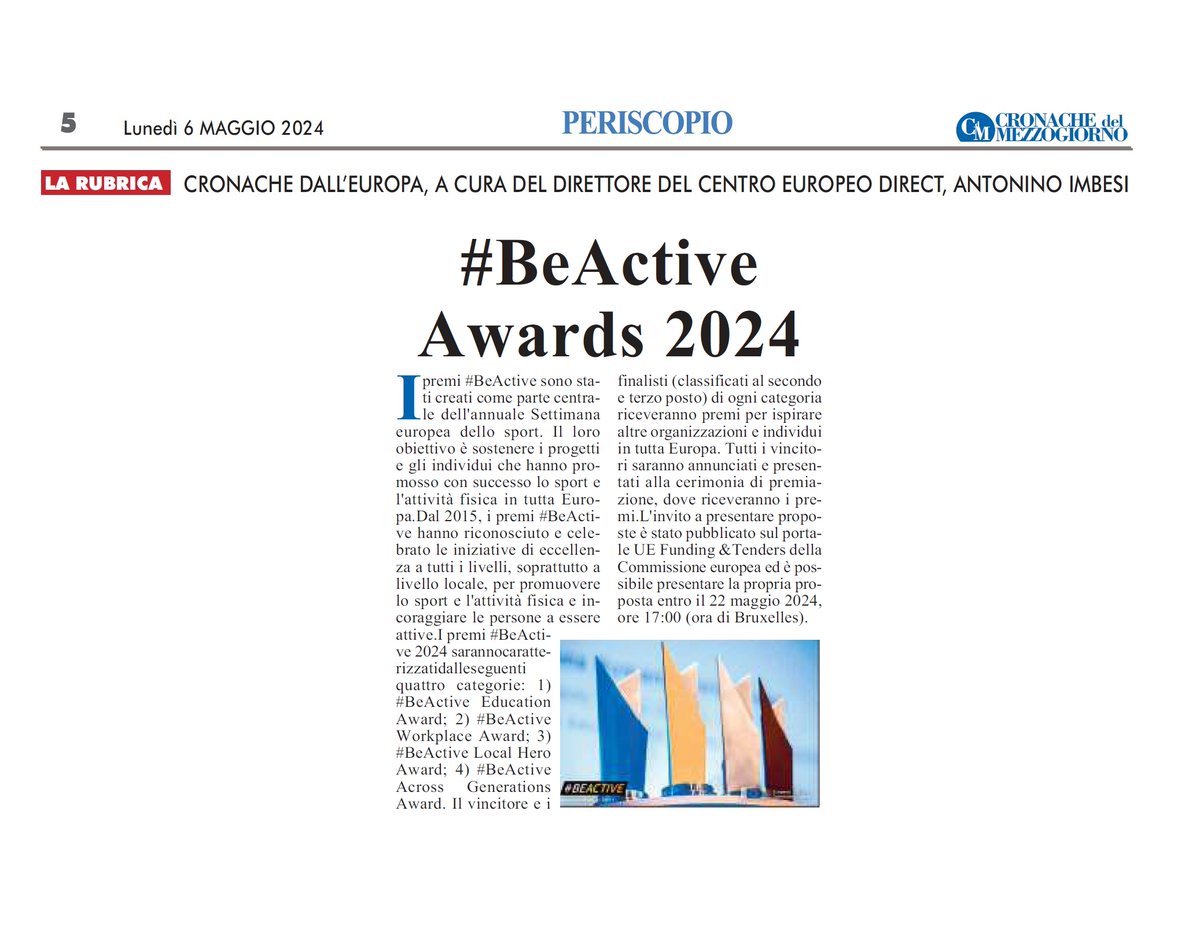 Oggi 06/05/2024 articolo pubblicato su CRONACHE DEL MEZZOGIORNO sui premi #BeActive 2024