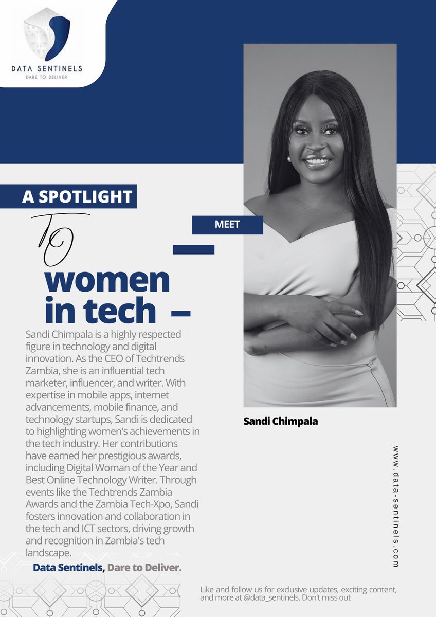 #MondayMotivation Meet @sandichimpala, CEO of @techtrendszm & a beacon for #womenintech. She drives innovation & celebrates women's success in the tech field. Let's champion more leaders like her! Learn more about our work at @Data_Sentinels. data-sentinels.com 

#techleader