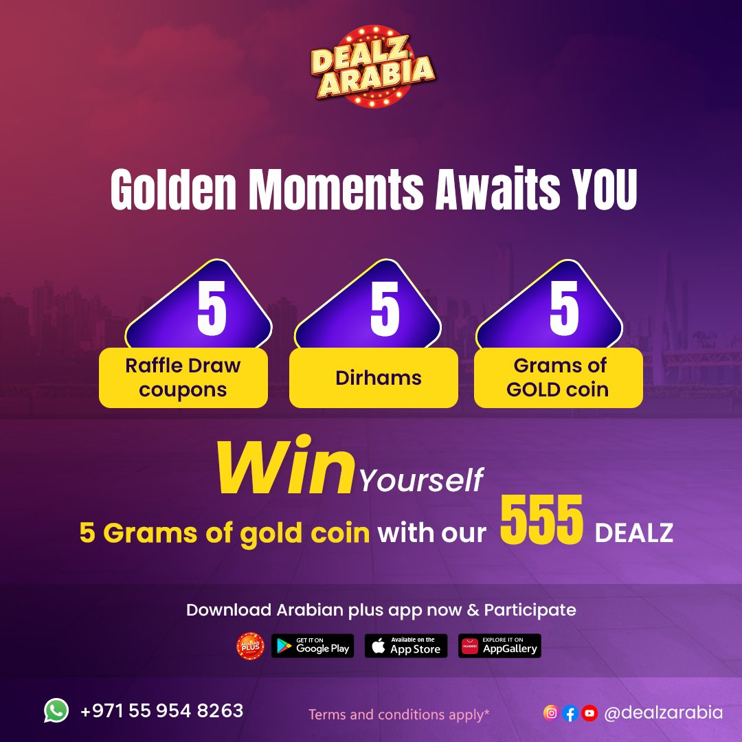 Turn your luck into gold! ✨ Participate in our 555 Dealz for a shot at winning 5 grams of precious gold.

Download ARABIAN PLUS app now & Participate.
.
.
#DealzArabia #ArabianPlus #GoldCoin #RaffleDraw #WinPrizes #Opportunity #AmazingPrizes #DXB #ShopandWin #Winner