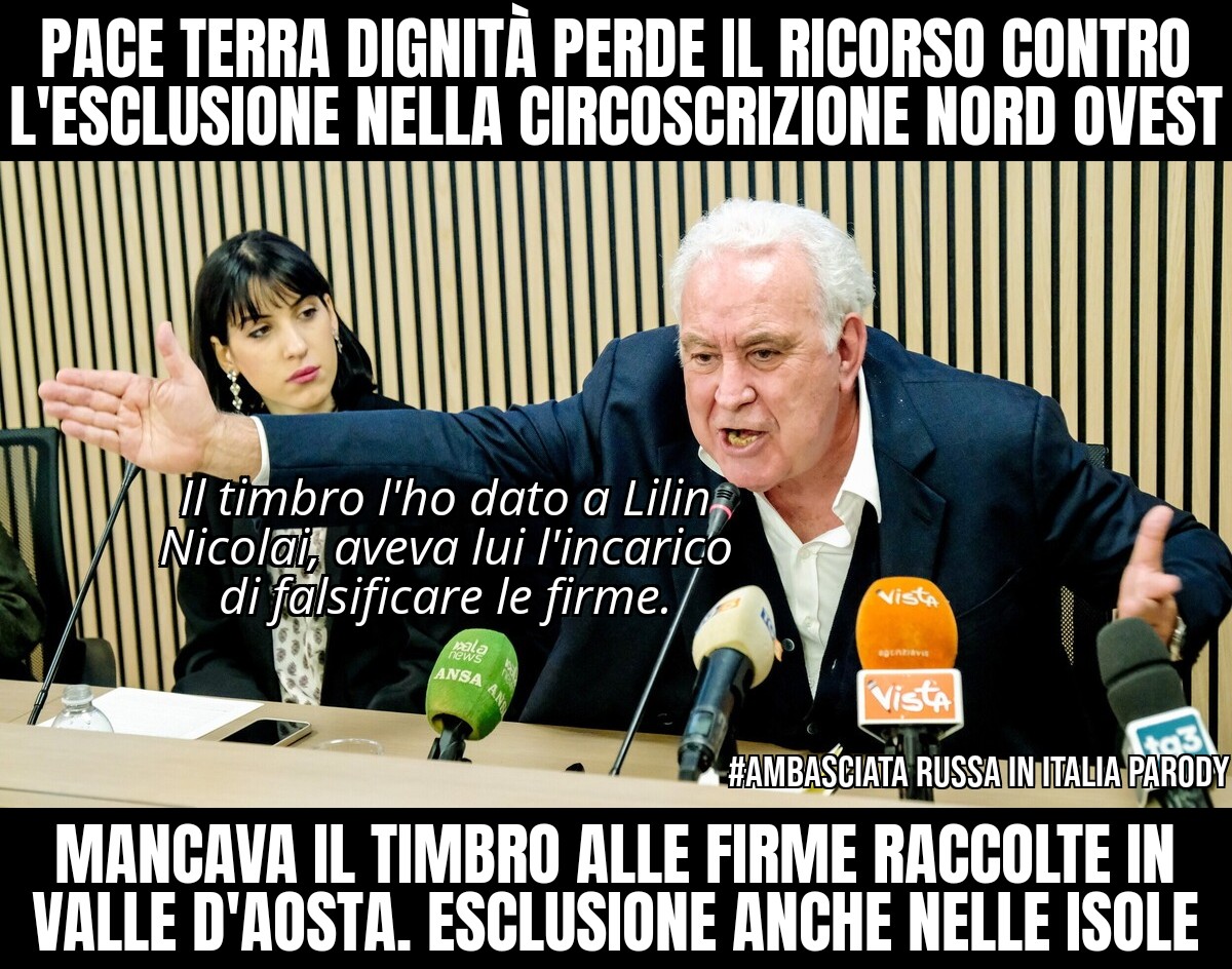 🇷🇺 Bocciato il ricorso di Pace Terra Dignità, la lista di Michele Santoro alle Europee2024, circoscrizione Nord Ovest. Mancava il timbro alle firme Valle d'Aosta. Esclusa anche nelle Isole.

Santoro: Il timbro l'ho dato a Lilin Nicolai aveva lui l'incarico di falsificare le firme