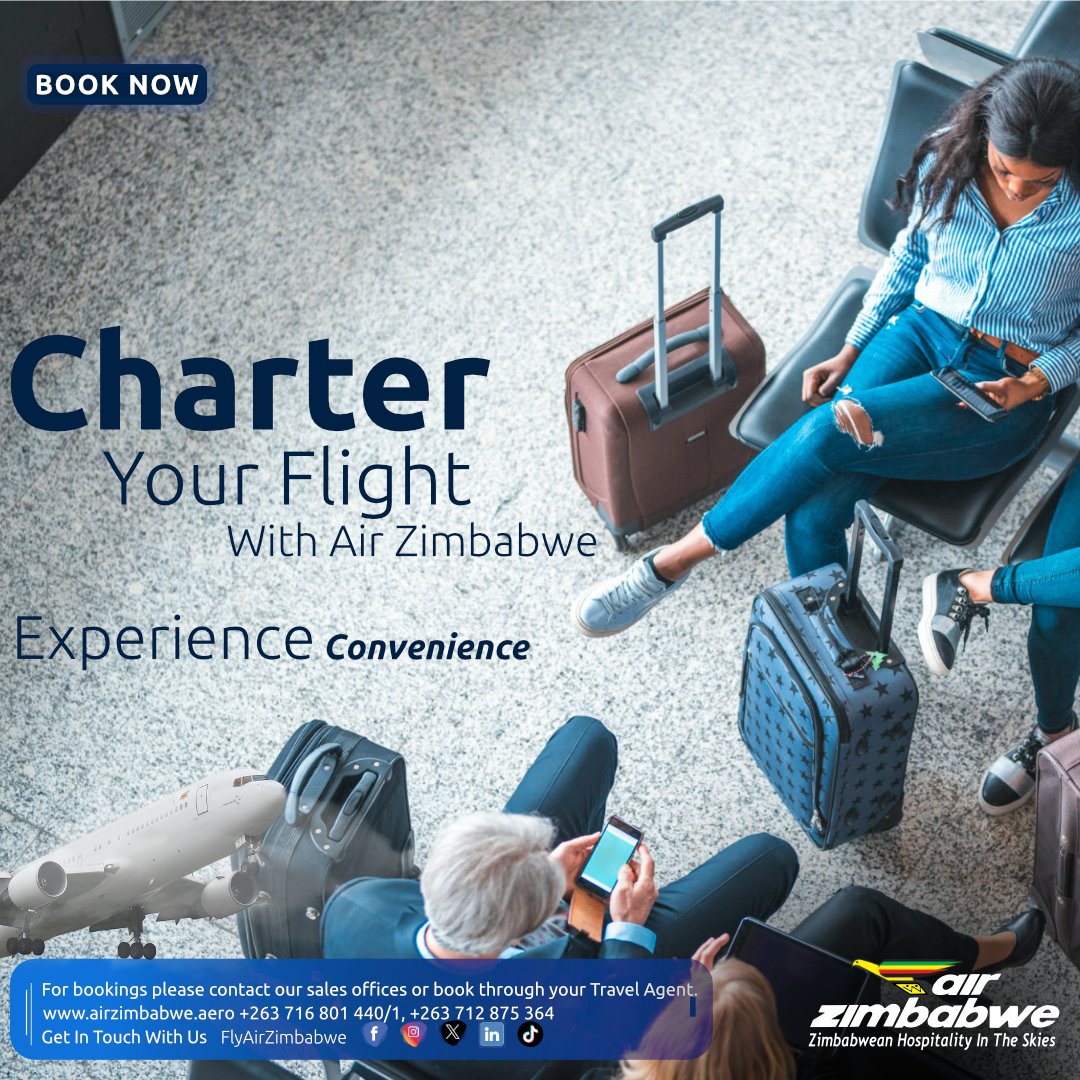 Charter Flight Services✈️ We can take you anywhere at anytime through our Charter Flight Services at the MOST AFFORDABLE rates. Get in touch with our team to get a qoute. #Charterflights #FlyAirZimbabwe #Convinience