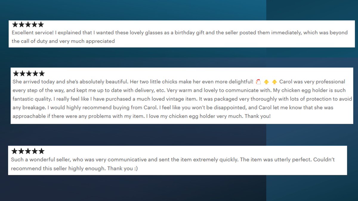 I'm passionate about customer care. I have never lost my star seller status since I started in my ETSY shop. 

What are some of your nicest reviews?

Here are a few of mine so far this year! 🥰
#customersatisfaction #customerservice #etsy #etsyshop #estyseller