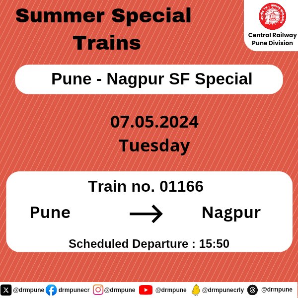 CR-Pune Division Summer Special Train from Pune to Nagpur on May 07, 2024.

Plan your travel accordingly and have a smooth journey.

#SummerSpecialTrains 
#CentralRailway 
#PuneDivision