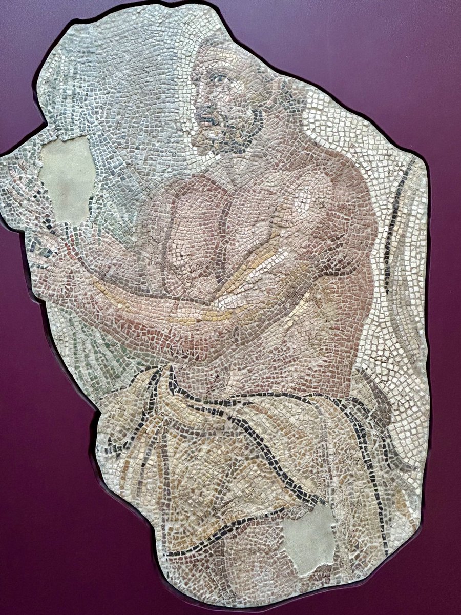 Wrestler or hero? #Mosaic depicting a bruised man holding a victory palm branch. But the lion skin round his hips could suggest #Hercules (patron of Roman athletic guilds) having just completed a Labour. 2ndC AD N.Africa, now British Museum #mosaicmonday