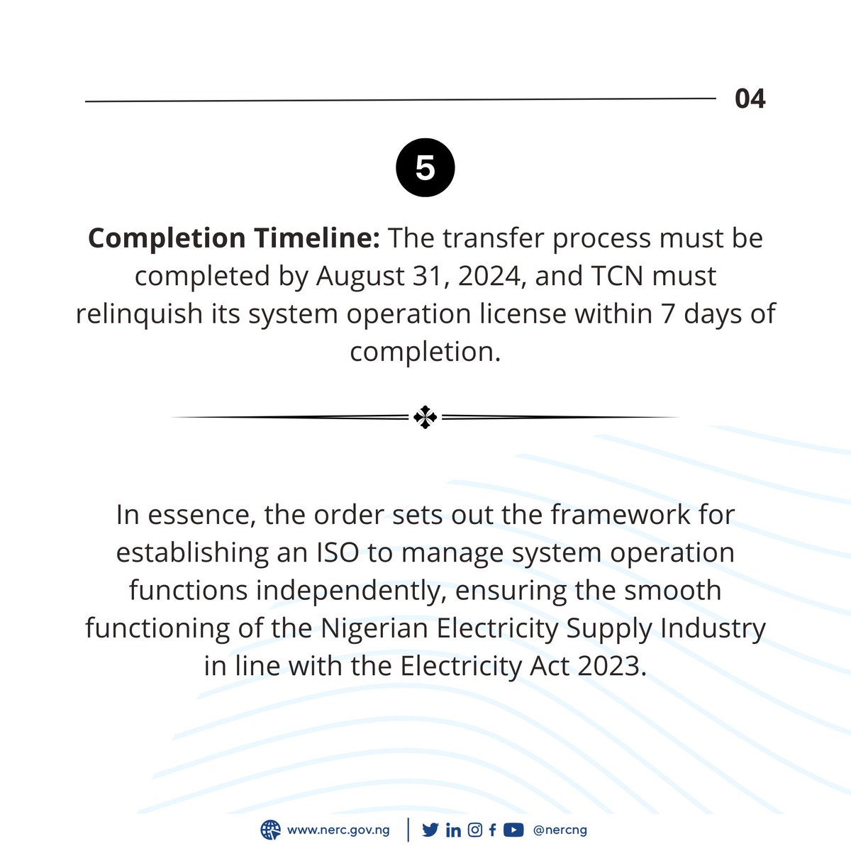 The NERC has issued a new Order taking effect from 1 May 2024 establishing the Nigerian Independent System Operator Limited (“NISO”).

It is to hold and manage all assets and liabilities pertaining to market and system operation on behalf of market participants and consumer