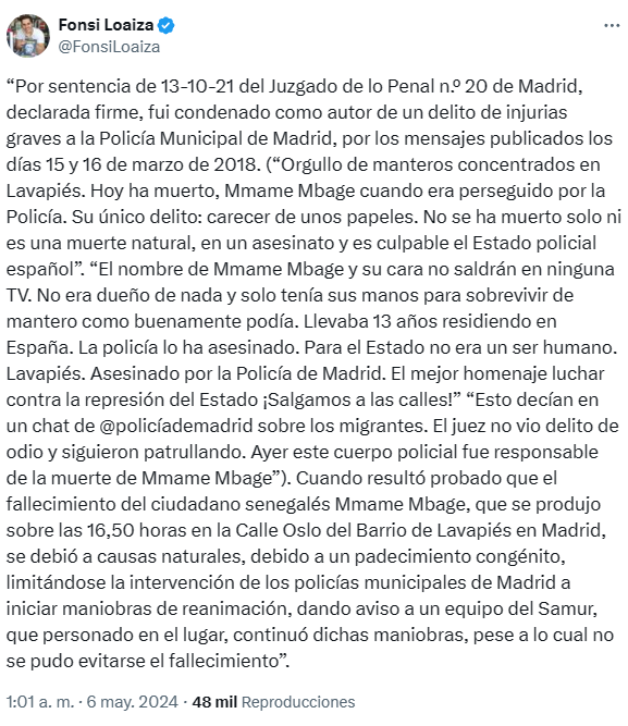 pabloharour's tweet photo. Han condenado Fonsi Loaiza por inventarse que la policía de Madrid asesinó a un inmigrante en Lavapiés, la causa real de su muerte fue una enfermedad congénita en el corazón

Sería una pena que nadie le diera RT y que no tuviese difusión https://t.co/I5DUuIZXl7