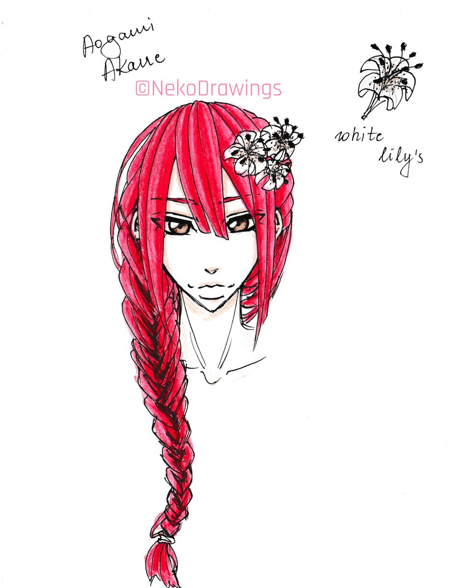 OC: Aogami Akane
Original art: NekoDrawings©
Origial character: Aogami Akane （青神茜）- (Akira's father, onnagata)

#NekoDrawings #art #draw #drawings #original #character #oc #animestyle #animeboy #redhair #browneyes #boy #male #trap #longhair #flower #lily #flowerinhair #braid