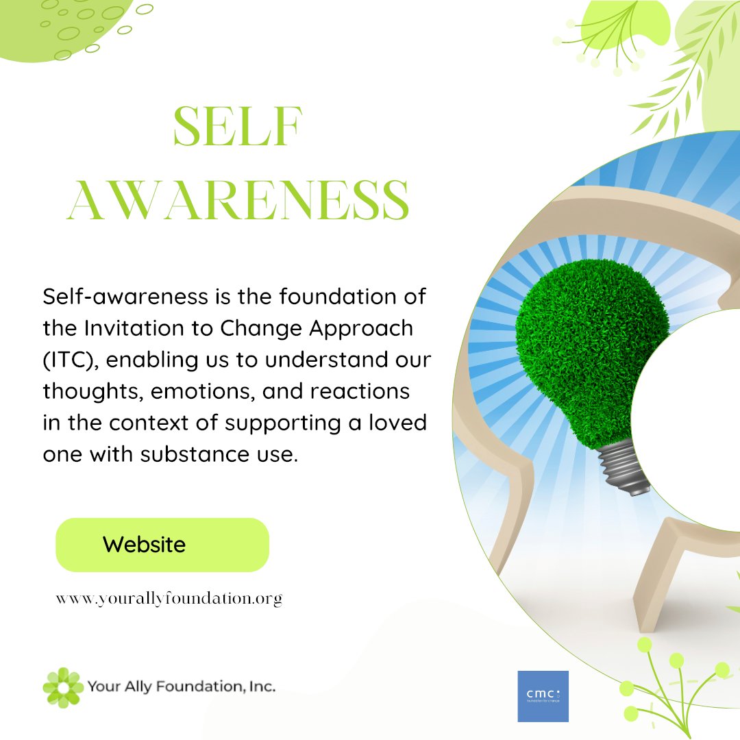 ally_foundation's tweet photo. #InvitationToChange
#HelpingWithAwareness
Self-awareness is the cornerstone of the Invitation to Change Approach (ITC) by @cmc_ffc
By understanding our thoughts, emotions, and values, we can navigate the complexities of supporting a loved one with substance use with #compassion https://t.co/3AsuAJDDiD