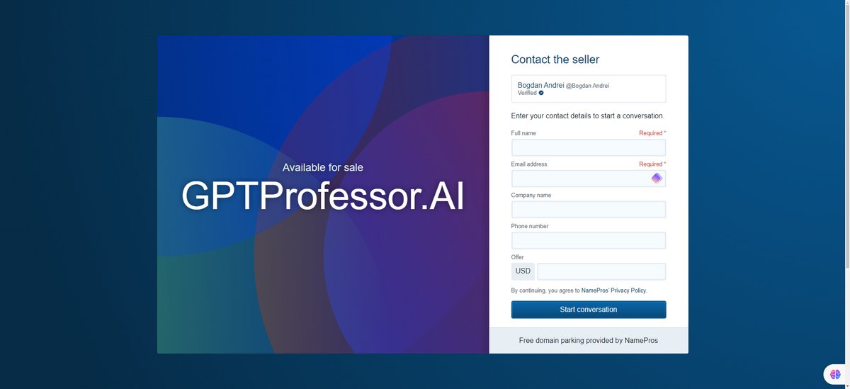 Also GPTProfessor.AI parked @NamePros 
the people @NamePros are extremely responsive - THKS a lot 😎
#domain #GPTPlus #ArtificialIntellegence