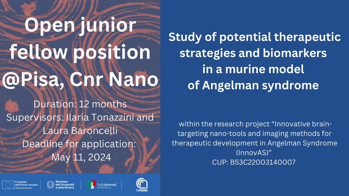 📢#jobalert! Junior fellow position in #nanobiotechnology at @Cnr_Nano in Pisa: 

📌 therapeutic strategies in #Angelman syndrome
⌛️11 May
ℹ️nano.cnr.it/job-openings/b…

#juniorfellow #neuroscience #biotechnology #RareDiseases #sciencejob #hiring @CNRsocial_