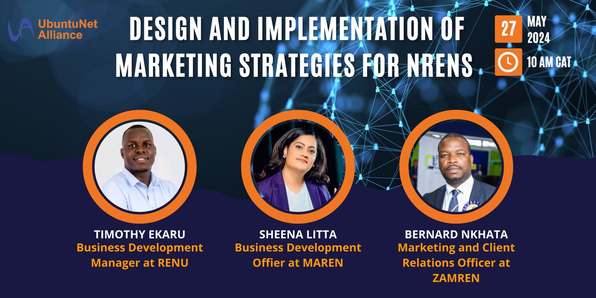 Join us for the Webinar focusing on Design and Implementation of Marketing Strategies for NRENs!
Featuring a panel of experts from @RENU_256 @Maren_net and @ZambiaRen , the webinar takes place on 27th May 2024 at 10 AM CAT. Register now!
ubuntunet.zoom.us/webinar/regist…