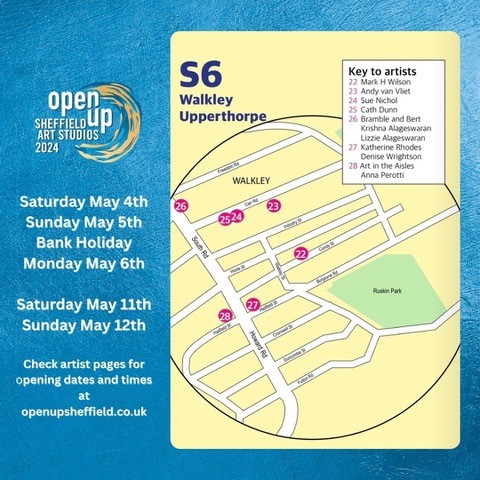 #OpenUpSheffield continues today 11am-5pm. Visit 110+ artists and makers in their studios across #Sheffield. Artist details on Open Up website. @krhodesartist & @WrightsonArtist welcome you to #Walkley creative cluster. @VisitSheffield @Sheffieldis