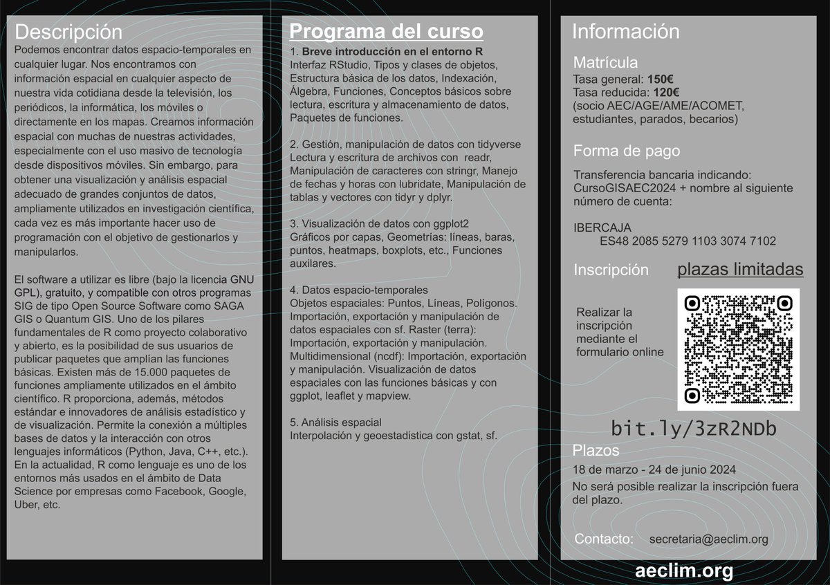 📢 Recordatorio‼️ VI Edición del curso 'Introducción en sistemas de información geográfica y cartografía con el entorno R' organizado por @aeclim @AGE_Oficial en @UniversidadeUSC 🗓️2 - 5 de julio 2024 presencial en Santiago. Matrícula abierta con plazas limitadas.