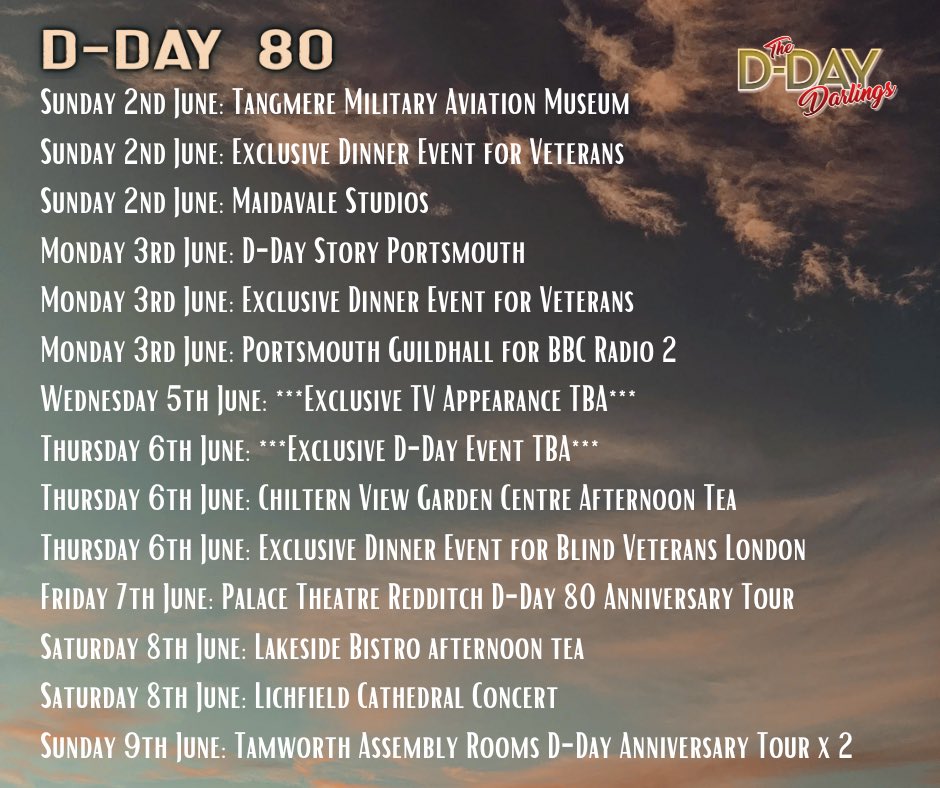❤️🇬🇧 D-Day 80 🇬🇧❤️

Here are some of our scheduled performances for the first week of June, there are still a few to be announced so we’ll keep you posted. 

We are so looking forward to commemorating this very special and significant anniversary and honouring our war heroes 🎖️