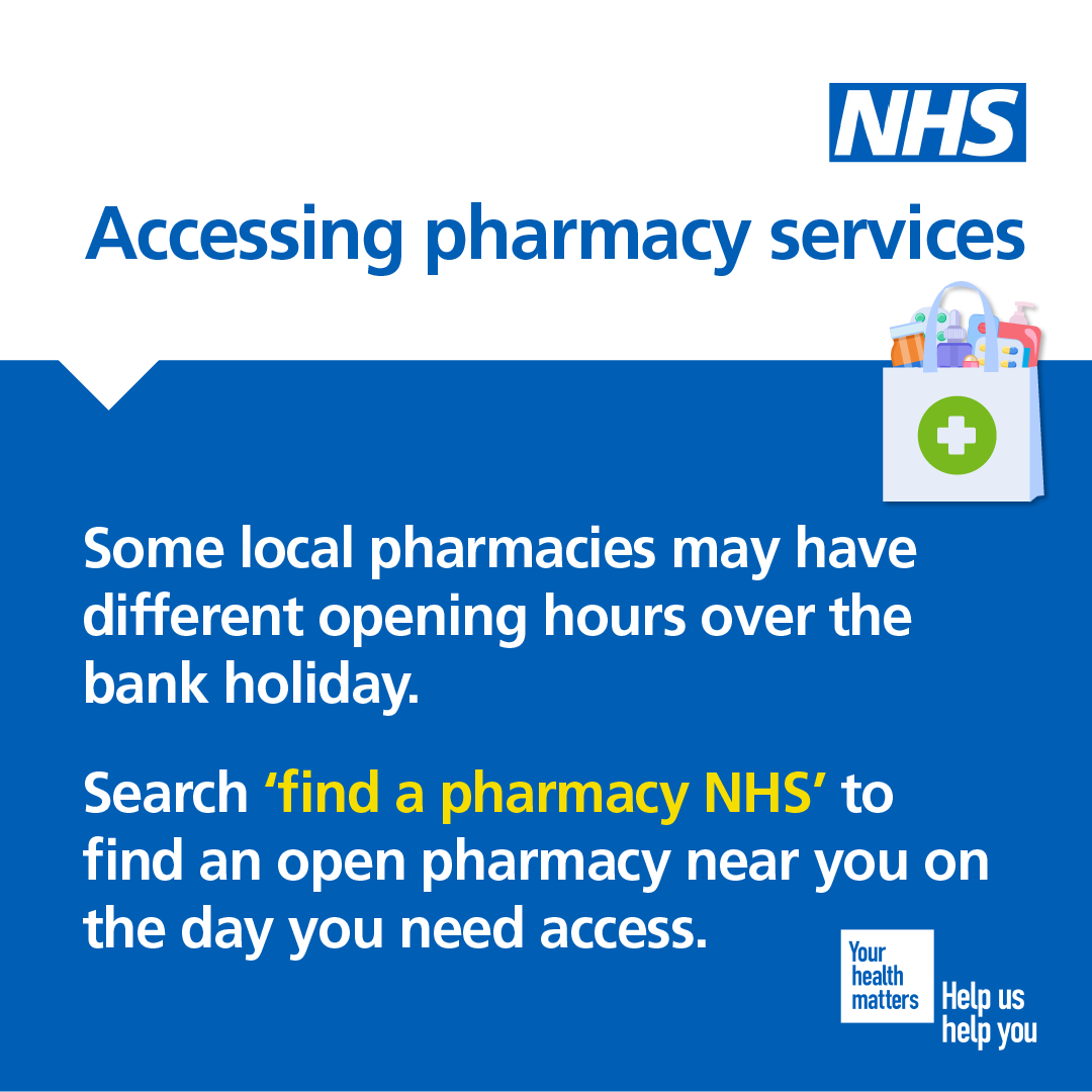 Find out which pharmacy is open near you over the #BankHoliday – so you can get the medicines and advice you need. Find a pharmacy near you at nhs.uk/service-search…