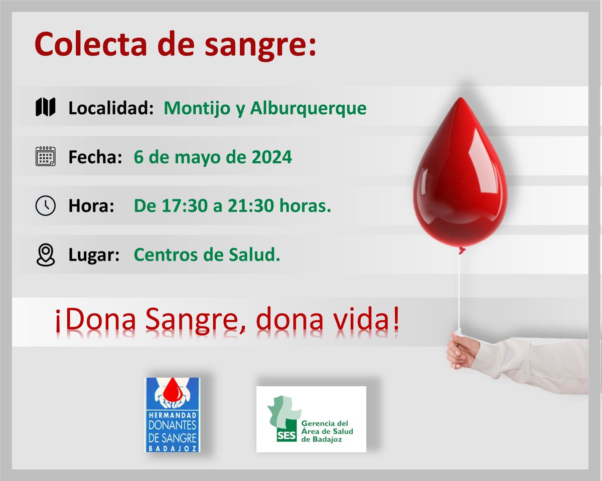 ¡Recuerda!🩸 HOY, colecta de sangre en: Montijo y Alburquerque

🚩 Lugar: Centros de Salud.
🕤 Horario: De 17:30 a 21:30 h.
👉 ¡Muchos te necesitan para vivir!

#DonaSangre #LaGotaDeLaVida #DonaSangreRegalaVida