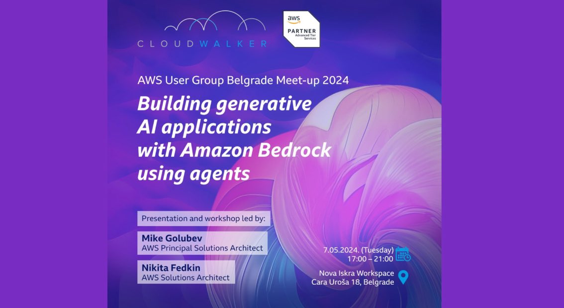 Tuesday 5PM Belgrade we are doing AWS AI workshop. please join me at Building generative AI applications with Amazon Bedrock using agents meetu.ps/e/N64b7/Czkrq/i