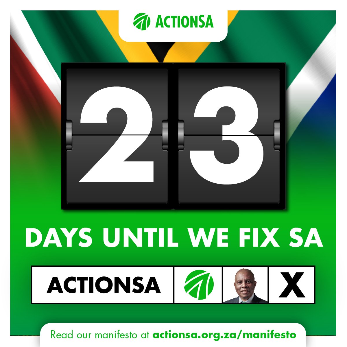 2️⃣3️⃣ 𝗱𝗮𝘆𝘀 𝗹𝗲𝗳𝘁 𝘂𝗻𝘁𝗶𝗹 𝘃𝗼𝘁𝗶𝗻𝗴 𝗱𝗮𝘆 𝗼𝗻 𝘁𝗵𝗲 𝟮𝟵𝘁𝗵 𝗼𝗳 𝗠𝗮𝘆! Vote for a government that will prioritise restoring Law and Order, and make our communities safer. #VoteActionSA 🗳️