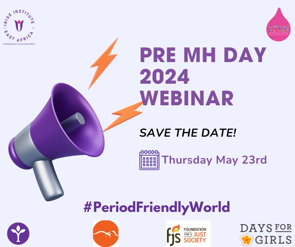 📣 Join us on May 23rd for a virtual Pre-Menstrual Hygiene Day Webinar as we work towards achieving #PeriodFriendlyWorld! Registration link coming soon! #MHDay2024 #PeriodFriendlyWorld #Menstrualjusticeforall @FarmGirlDJ @DDINITIATIVE @JOYFORCHILDREN @Imatter_Period