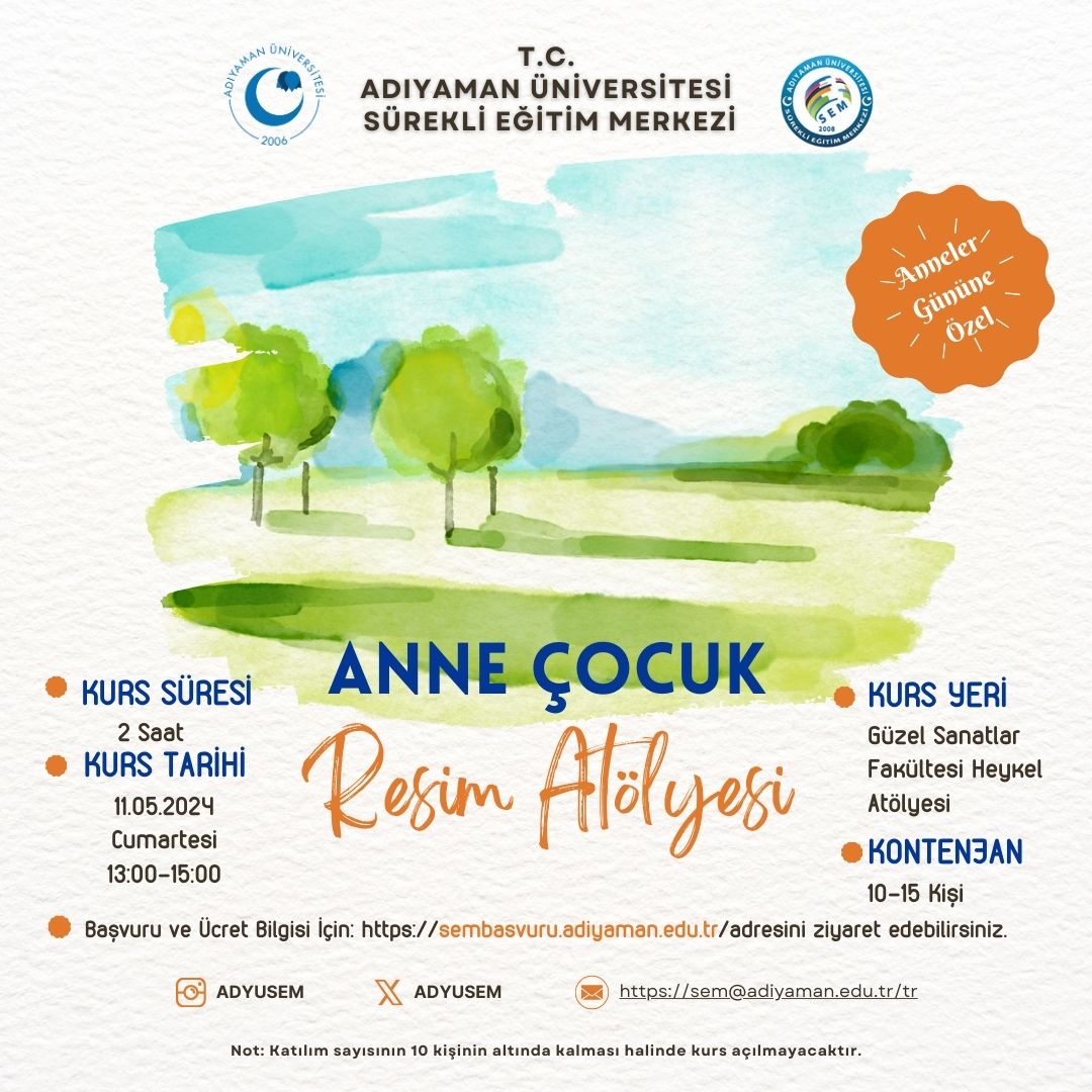 📢Üniversitemiz Sürekli Eğitim Merkezi bünyesinde Anne Çocuk Seramik Atölyesi ve Resim Atölyesi kurs kayıtları başlamıştır. 📌Kayıt ve detaylı bilgi için📎 sem.adiyaman.edu.tr #AdyüKİK #KampüsHaber @adyusem