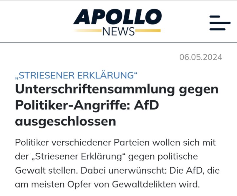 Die 'Striesener Erklärung' ist offensichtlich der neue Goldstandard für politische Doppelmoral. 
AfDler sind unerwünscht, obwohl sie häufiger angegriffen werden und von Schlägertrupps gejagt werden, als Politiker aller anderen Parteien. #Doppelmoral 
apollo-news.net/unterschriften…