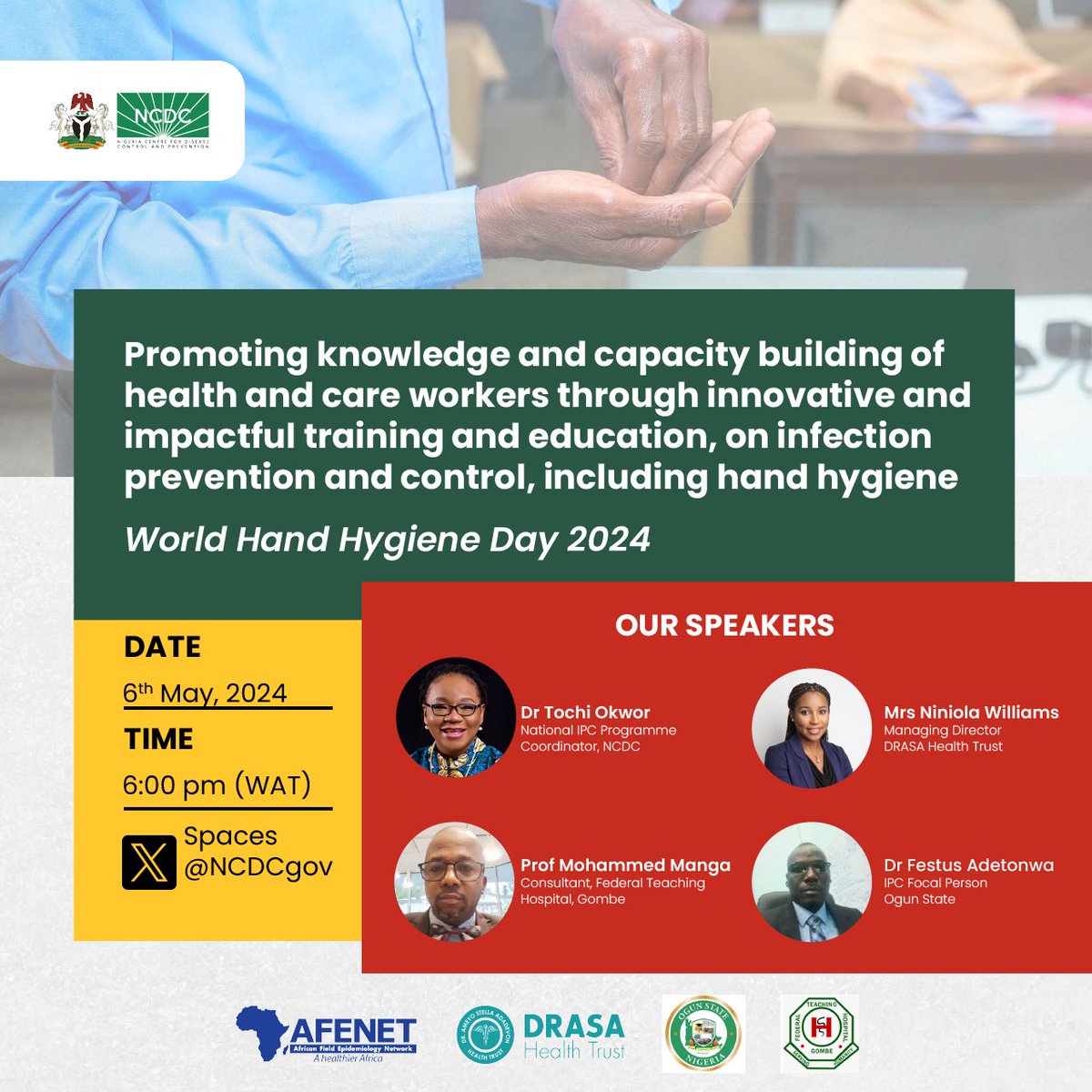 TODAY at 6pm, tune in via XSpaces for an enriching #WorldHandHygieneDay discussion hosted by @NCDCgov on IPC measures to ensure safe care in health facilities. Get valuable insights from experts @drmangamohammed, @Oadetonwa & @tokwor7. Set a reminder: x.com/i/spaces/1eaJb…