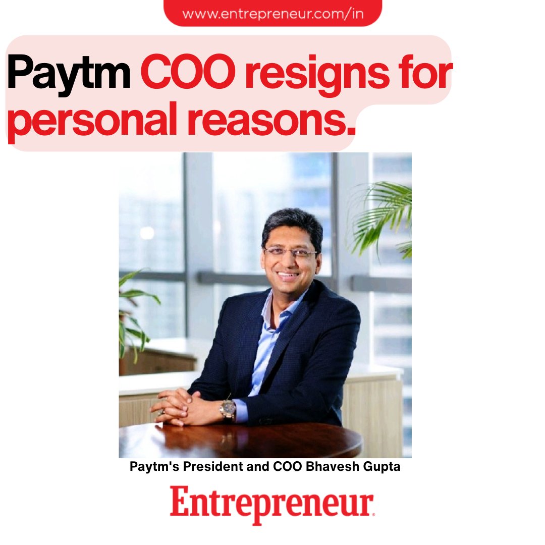 Paytm's President and COO Bhavesh Gupta Resigns, Citing Personal Reasons

Read: ow.ly/9Bvi50Rx3wp

#BusinessNews #FinancialTechnology #Restructuring #PaytmMoney #Leadership #DigitalPayments #Paytm #Fintech