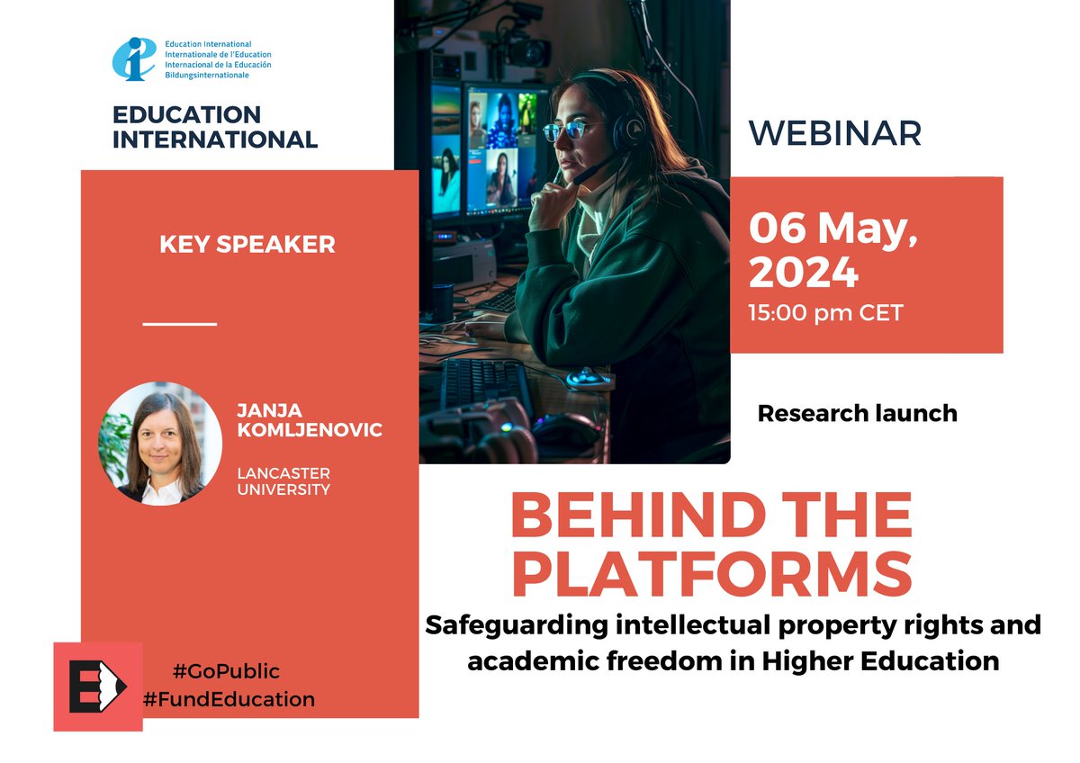 📅Today's the day! Join us at 15h00 CEST for a vital webinar with Janja Komljenovic. We'll explore how to protect academic freedom and intellectual property within the digitalization of Higher Education.🎓 🔗Register here: eiie.io/3xIyQY6 #GoPublic ✏️ #FundEducation