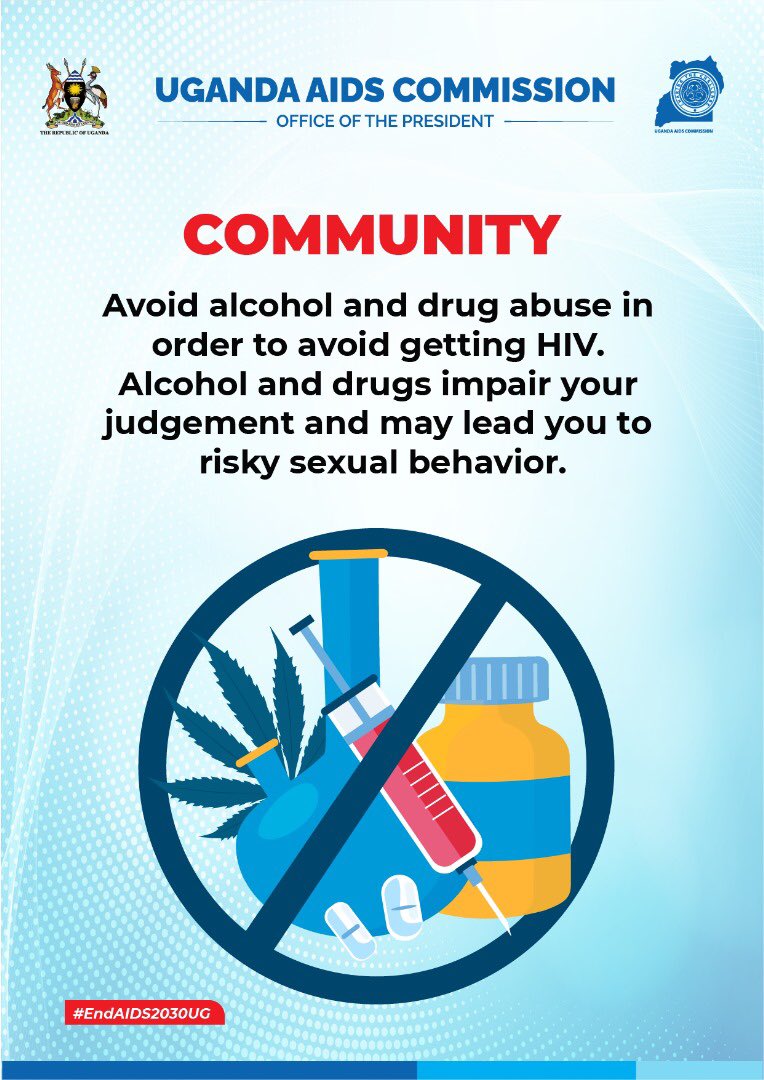 There are so many problems associated with drug abuse for example the tolerance, dependence and addiction. Depending on alcohol and drugs impair your judgment and this will most likely lead you into risky sexual behaviors. #CandleLightMemorialDay #EndAIDS2030UG @DMU_Uganda