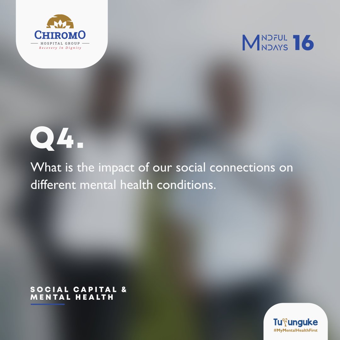 Q4. What is the impact of our social connections on different mental health connections?

@w_mwangi19 @njambi_gacheru @tikiglad @CarolsammyG @khannafisa07 @iankiplangat4 @KagayaTracy

 #mentalhealth #family #friends #social #socialcapital #mentalhealthawareness #Tufunguke