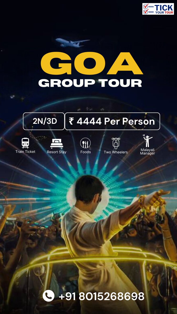 tickyourtour's tweet photo. Eda Moneeee !!! Goa Polamaa 😎😎

COMPLETE GOA TOUR OFFER - ₹4444 PP ONLY

Duration : 02 Nights / 03 Days in Goa
To know Tick Your Tour's Ongoing Offers 👉🏻Call us 👇🏻

For Tamil: +91 73976 37364

For Telugu : +91 86678 24849

For Malayalam: +91 70127 52740 https://t.co/1NuOT4AfSs
